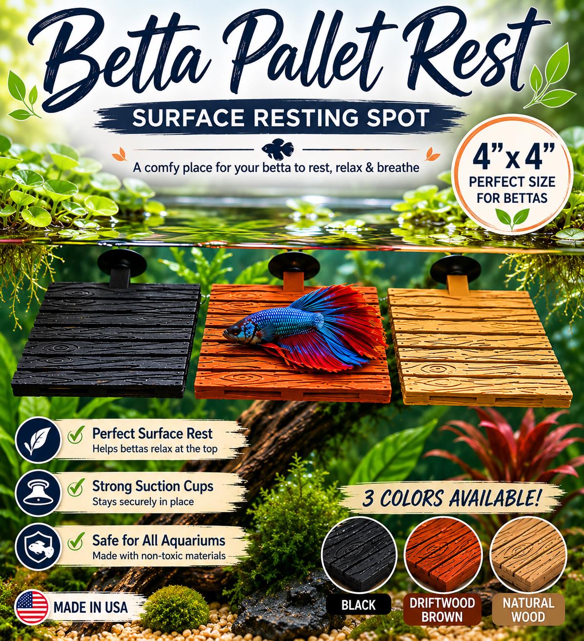 Betta Fish Pallet Rest | Aquarium Surface Resting Spot, 4"x4" Suction Cup Bed